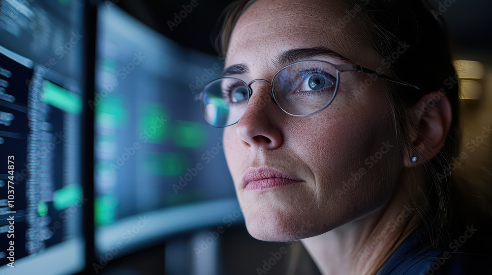 Poster focused professional analyzing data on multiple screens in a modern work environment.