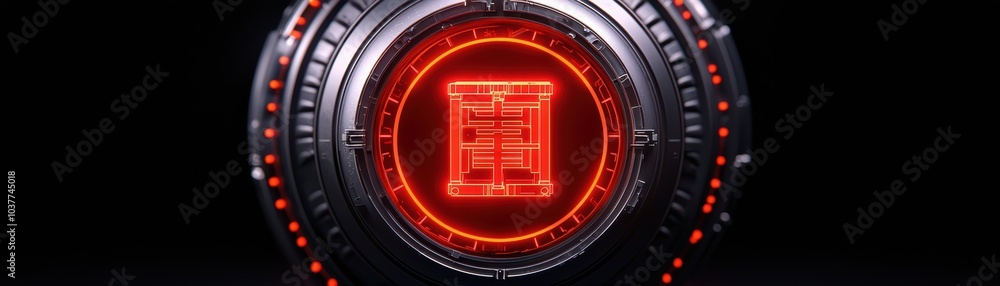 Poster futuristic circular technology design with glowing red elements on a dark background.