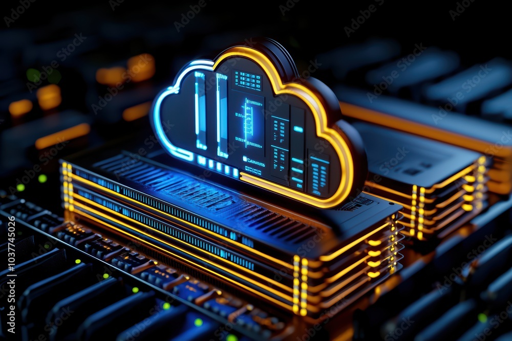 Poster futuristic cloud computing with glowing neon lights on server hardware, modern digital network conce