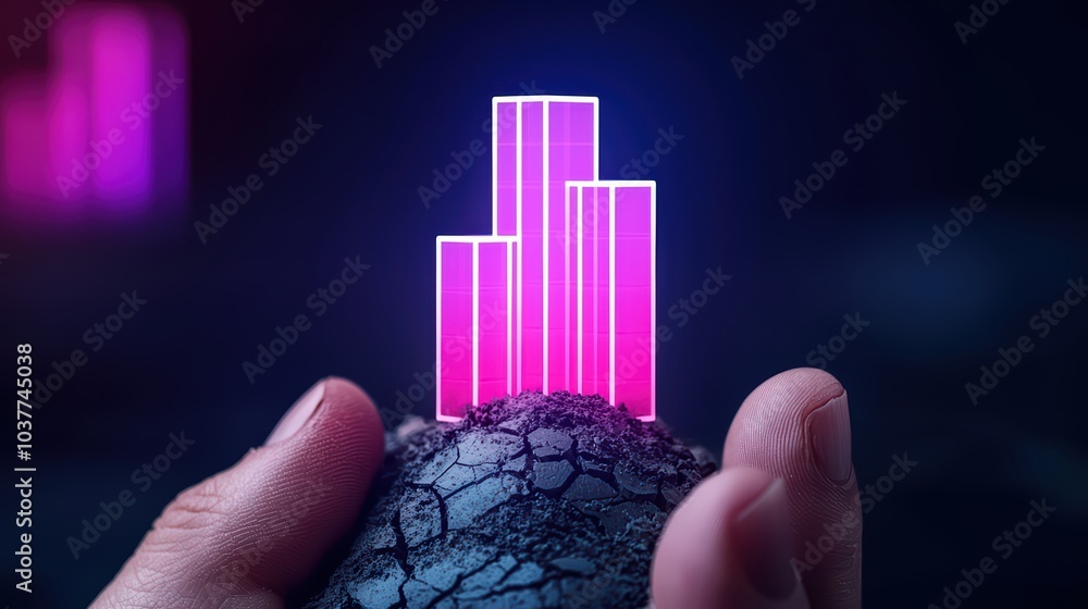 Aufkleber futuristic data visualization with neon graphs held in hand, showcasing technology and innovation.