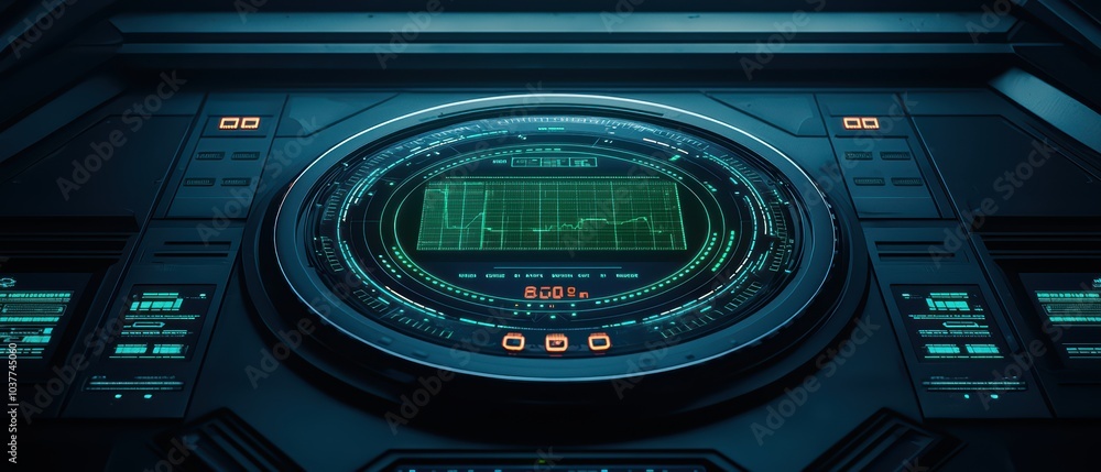 Poster futuristic digital dashboard with graphs and data displays on a sleek, dark interface.