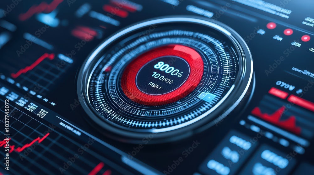 Poster futuristic digital dashboard with performance indicators and graphs on a sleek interface, dark theme