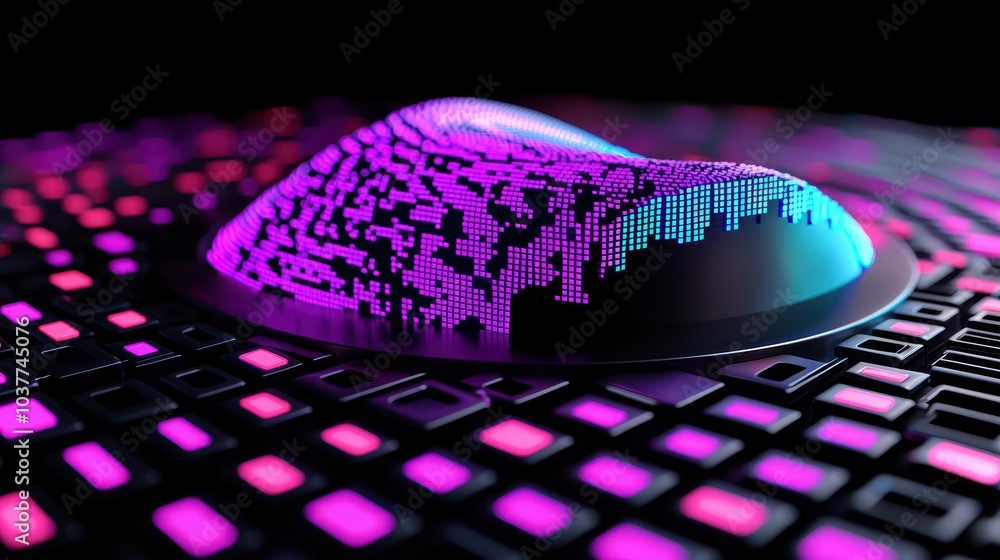 Poster futuristic digital design showcasing vibrant colors and intricate patterns on a sleek surface.