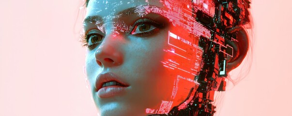 Portrait of a female cyborg, blending human features with AI, envisioning a future where technology and humanity converge.