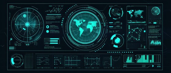 Fototapeta premium Futuristic digital interface with data graphs and world map, isolated on a dark background.
