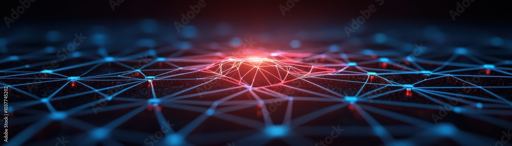 Poster futuristic network design with glowing nodes, representing connectivity and data exchange in digital