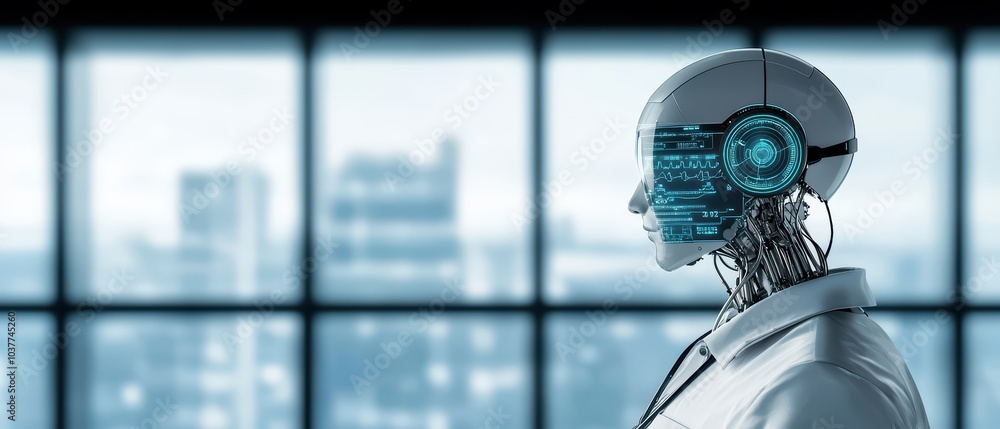 Poster futuristic robot with advanced ai features, profile view against a modern cityscape background.