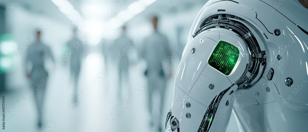 Poster futuristic robotic arm with glowing interface, concept of ai technology in a modern workspace.