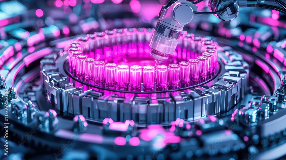 Aufkleber futuristic robotic arm interacting with colorful test tubes in a high-tech laboratory.