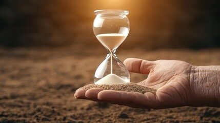 Hand holding an hourglass with sand, symbolizing the passage of time.