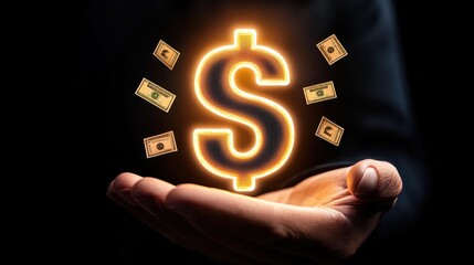 Hand holding glowing dollar sign with flying money notes, symbolizing wealth and financial success.