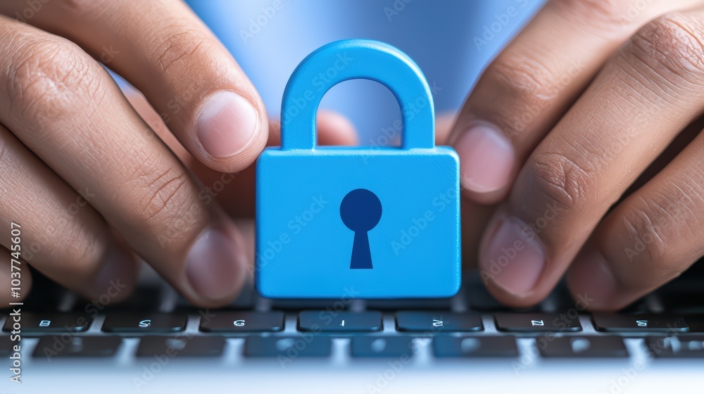 Poster Hands typing on a keyboard with a blue padlock symbolizing cyber security and data protection.