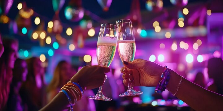 Sparkling Celebration: Two hands clinking champagne flutes at a vibrant night party, bathed in neon lights and festive energy. A toast to joy, friendship, and unforgettable moments. 