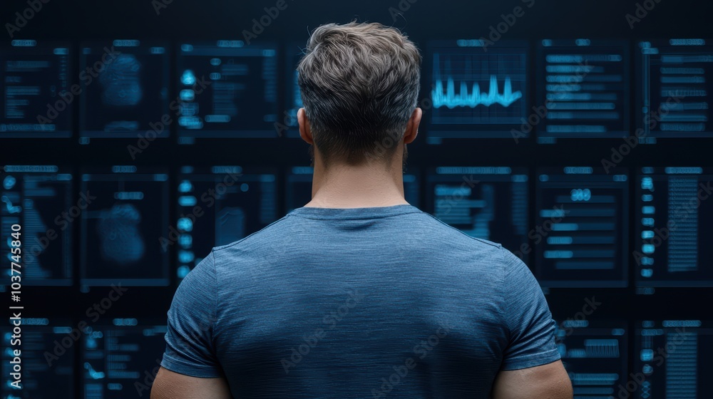 Aufkleber man observing data on digital screens, with a futuristic interface in a dark environment.