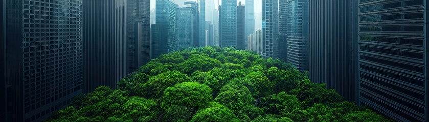 Fototapeta premium Lush green trees contrasting with modern city skyscrapers.