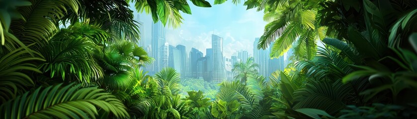 Lush greenery framing urban skyline, vibrant jungle juxtaposed with modern city, serene nature escape.