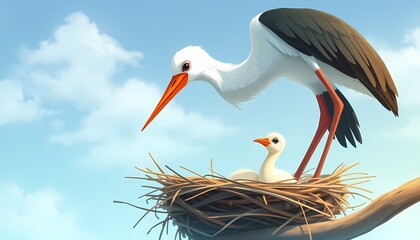 Fototapeta premium Stork Bird Family in a Nest