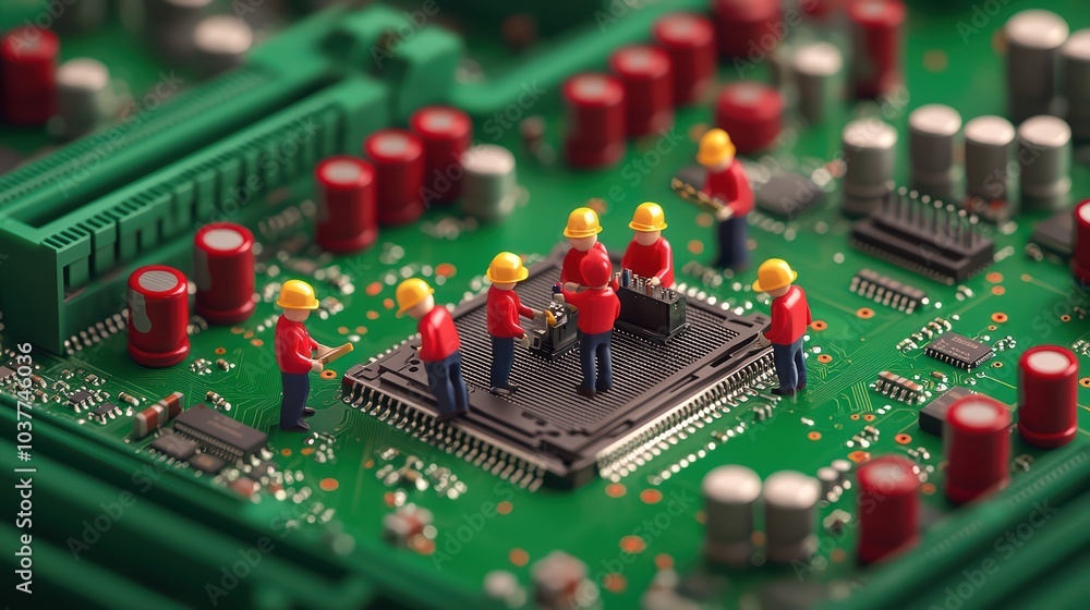 Poster miniature workers on a computer circuit board, depicting digital teamwork in modern technology.