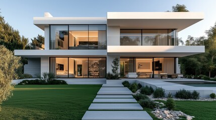 Fototapeta premium A modern white villa with a lawn in the garden, a minimalist style with large windows and sliding doors on two floors