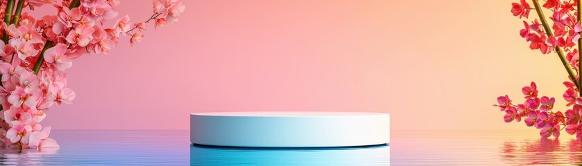 Fototapeta premium Minimalist display with a round pedestal surrounded by cherry blossoms against a pastel gradient background.
