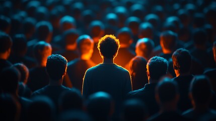 Obraz premium A person stands out in the crowd, with their figure illuminated by orange light against the blue figures of other people, symbolizing individuality and distinctness among many others.