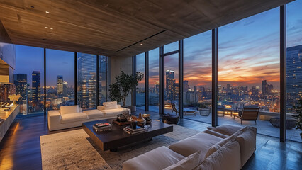 Fototapeta premium Luxurious Penthouse with Skyline Views and Elegant Design