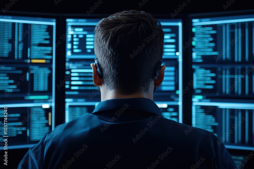 Poster person monitoring multiple screens displaying data in a dark environment.