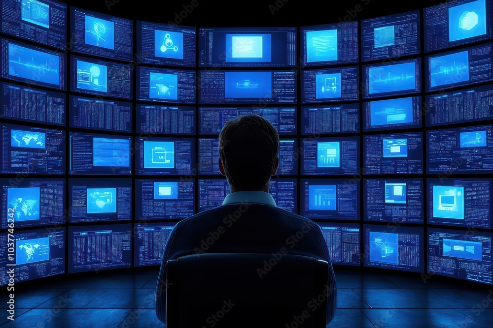 Poster person monitoring multiple screens in a dark room, displaying various data and graphics.