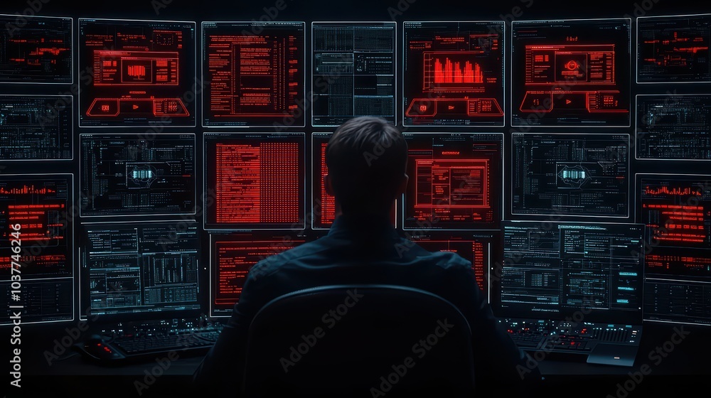 Poster person working at multiple screens with red digital data, focused on cybersecurity and analysis.
