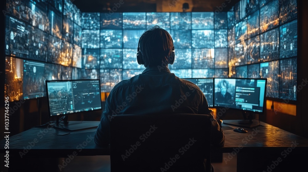 Aufkleber person monitoring multiple screens in a tech-focused environment.