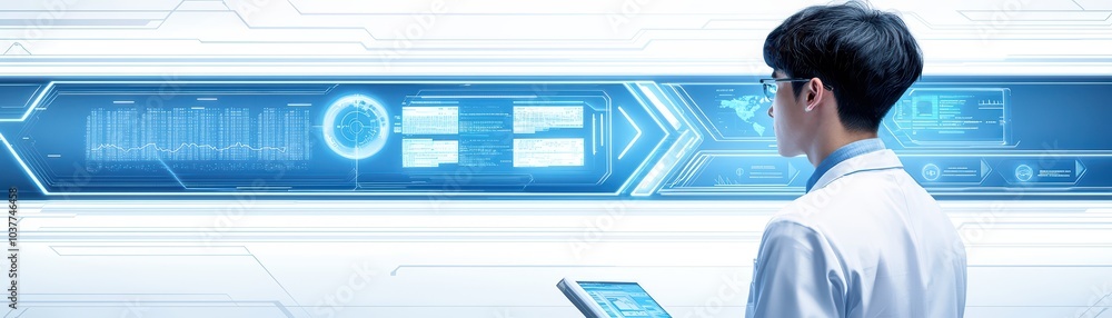 Poster scientist analyzing data on digital display in a high-tech laboratory environment.