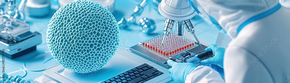 Poster scientist working with advanced technology in a laboratory environment focused on microbiology resea