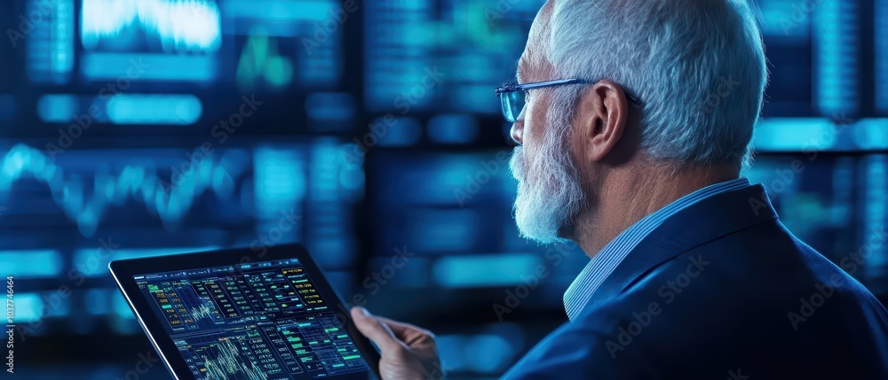 Poster senior man analyzing data on tablet with digital graphs in background, focusing on financial trends 