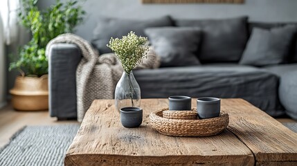 A wooden coffee table with decor items in a cozy living room, leaving ample copy space