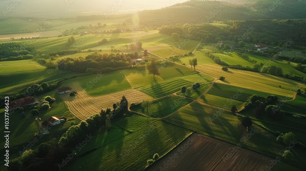 Wall mural Aerial View of Rolling Hills and Farmland at Sunset