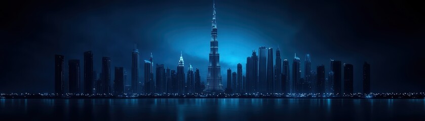 Fototapeta premium Stunning skyline view featuring illuminated skyscrapers against a dark blue background.