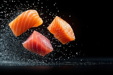 Three pieces of salmon fillet floating with droplets of water on a black background.
