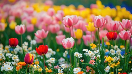 Fototapeta premium Floral Paradise: A Serene Tapestry of Blooms in Vibrant Hues