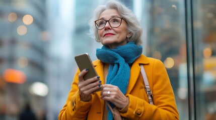 Fototapeta premium Happy senior woman with phone in hand on the street