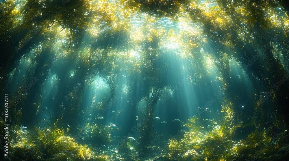 Poster underwater scene with sunlight filtering through kelp forests.