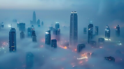 A city skyline shrouded in fog, showcasing illuminated skyscrapers and a mysterious atmosphere.