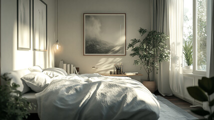 Cozy modern bedroom with natural light streaming through the windows in a minimalist setting