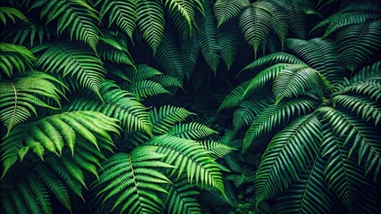 Macro background of tropical trees with dark green ferns, perfect as a wallpaper or backdrop
