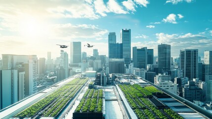 A robotic urban farming initiative, rooftop garden with automated vertical farms and urban agriculture drones, Urban Farming Robotics style