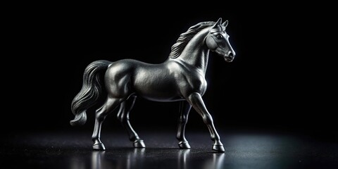 Macro Black toy horse isolated on black background