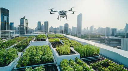 A robotic urban farming initiative, rooftop garden with automated vertical farms and urban agriculture drones, Urban Farming Robotics style