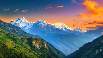 Fototapeta premium Majestic Snow-Capped Mountain Range at Sunset
