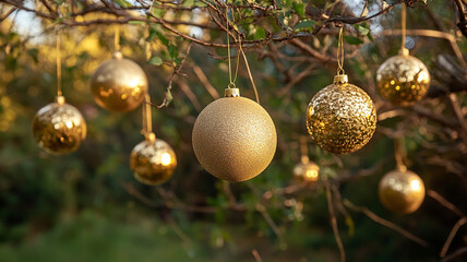 Golden ornaments hanging from tree branches on a festive Christmas day celebration