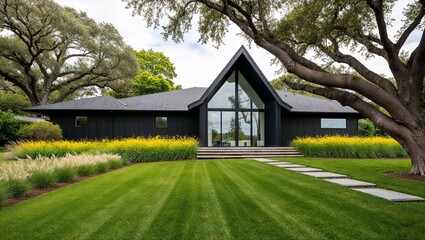 modern architectural style house with a unique angular roof design, set amidst a lush green landscape. The house features dark, sleek exterior walls with large glass windows,