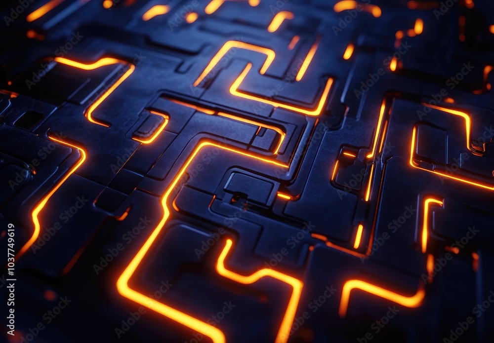 Poster abstract maze-like pattern with glowing orange lines against a dark background.